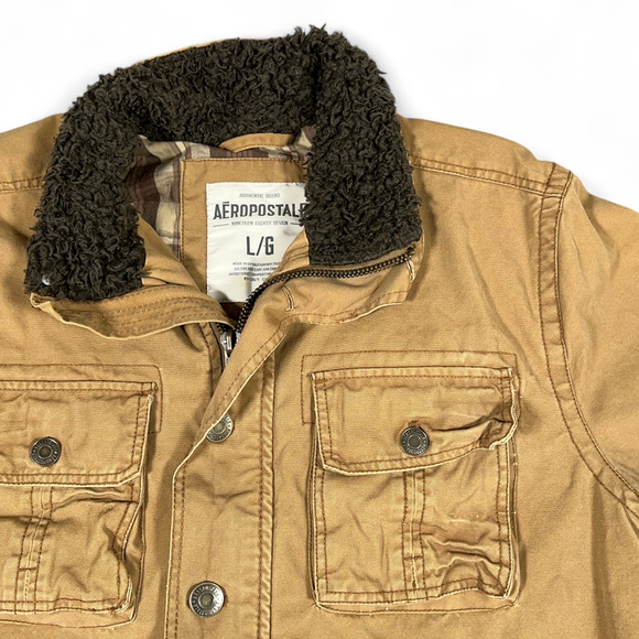 Aeropostale Jacket Adult LARGE Brown Sherpa Lined Trucker Canvas Plaid Lined Y2K - Picture 2 of 12